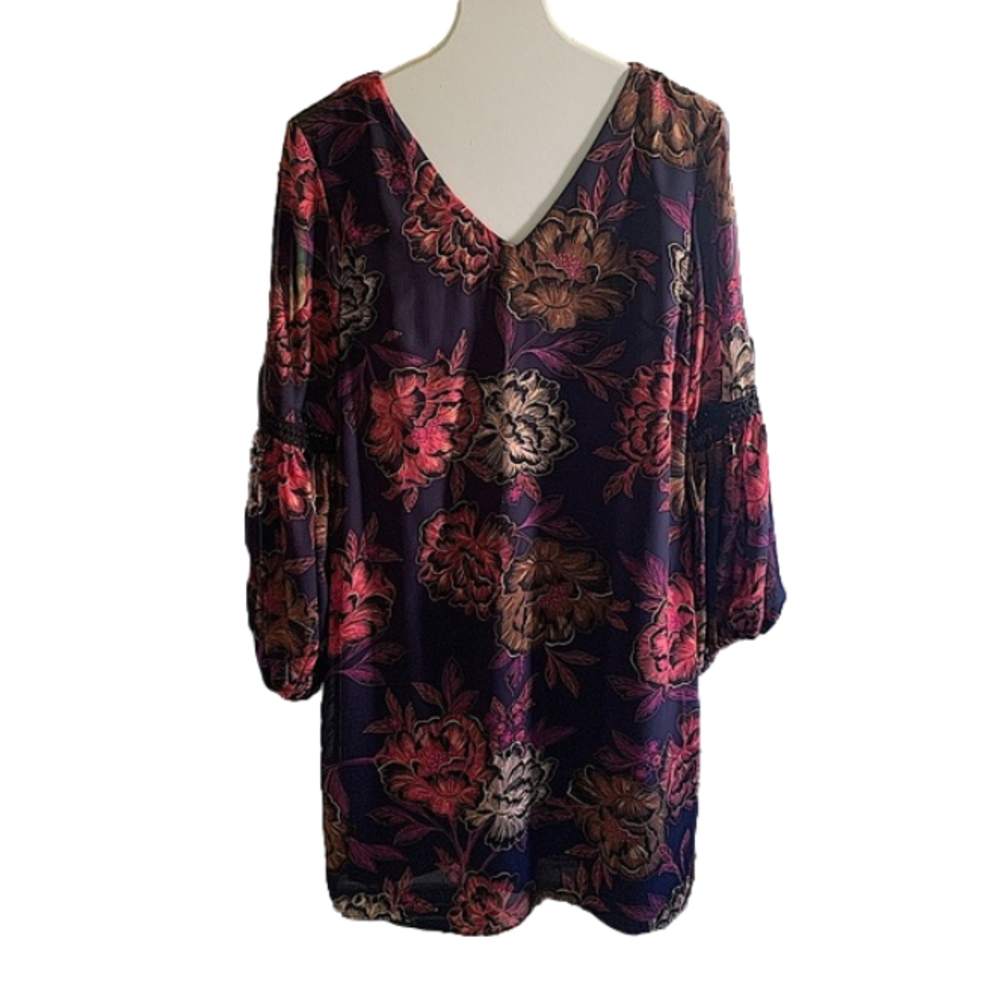 Floral Navy Blue Lightweight Long Balloon Sleeve Dress